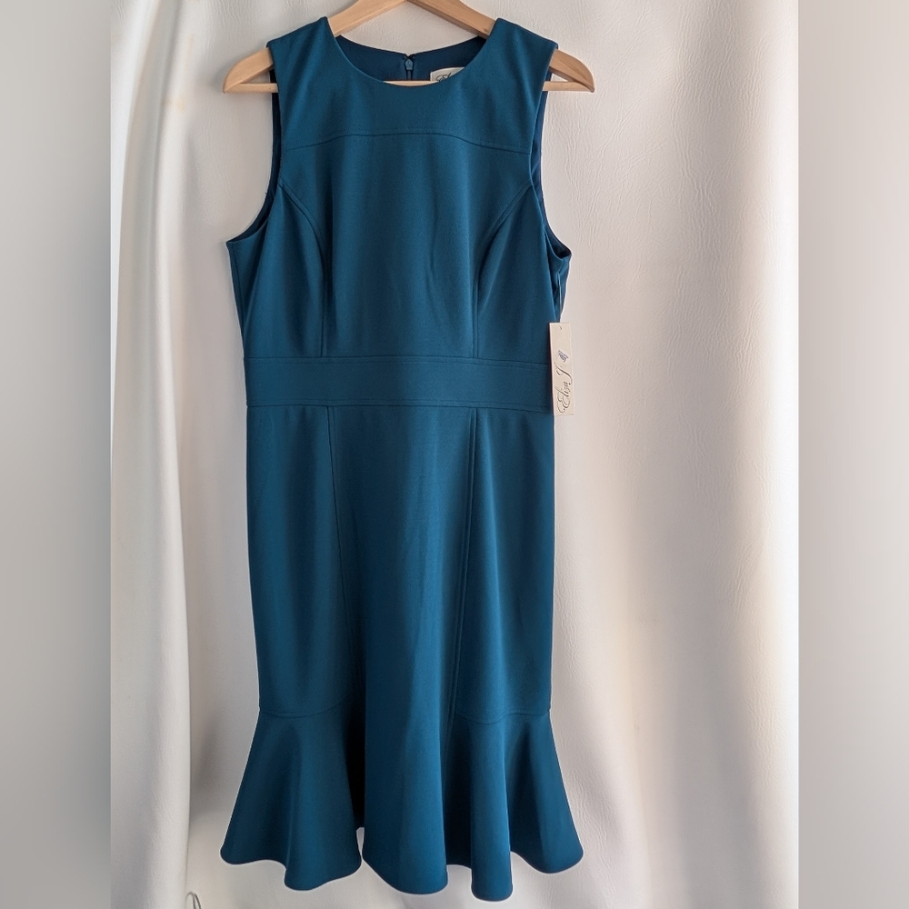 Eliza J Blue Teal Sleeveless Fitted Sheath Dress Flounce Hem - Size 12